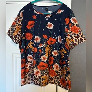 Navy Floral Short-Sleeve Blouse with Orange Blooms